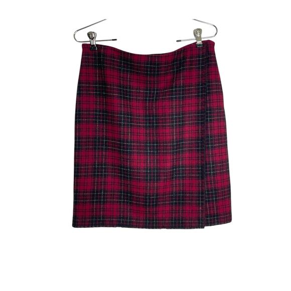Eddie Bauer Women's Sz 4 Red Black Tartan Plaid Wool Blend Faux Wrap Mini Skirt - Picture 1 of 7